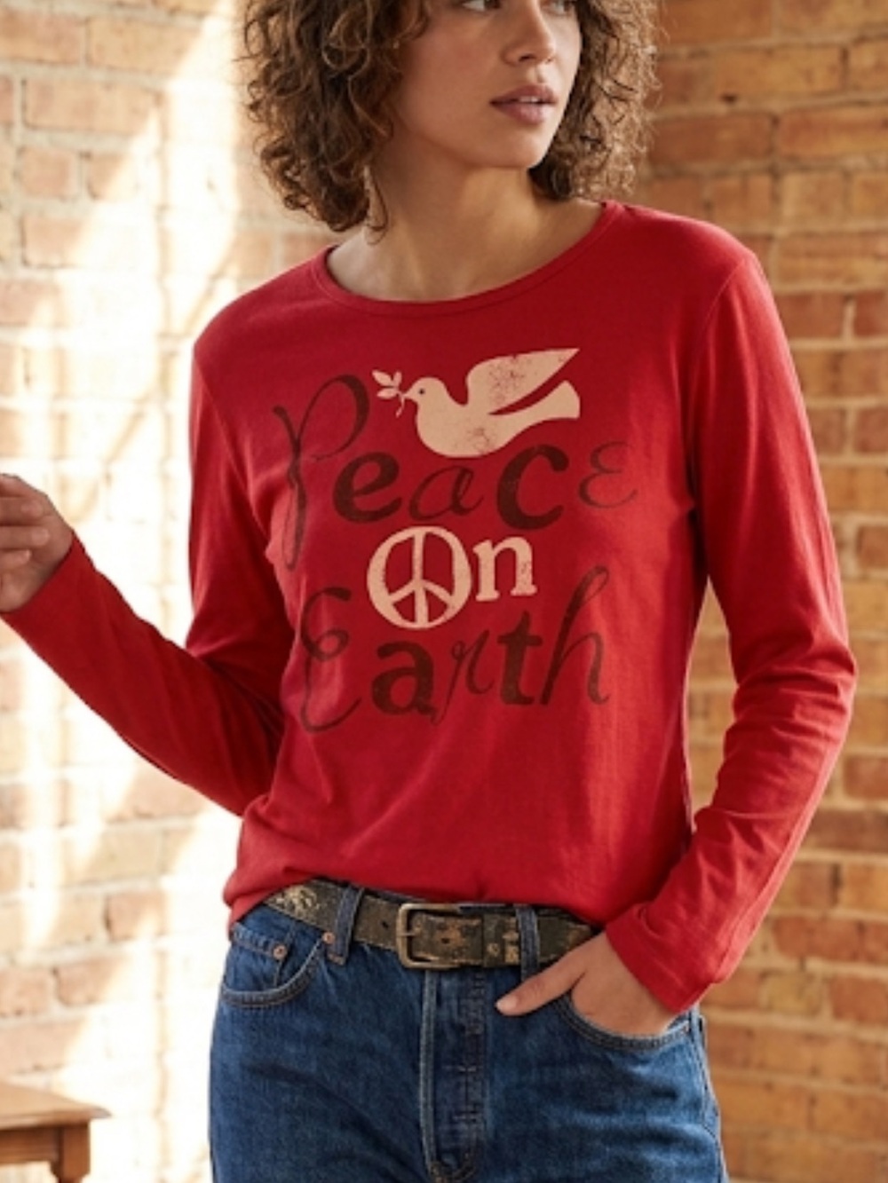 Y2K Green 3 Peace On Earth Spirit Jersey Red Long Sleeve Tee Size XL